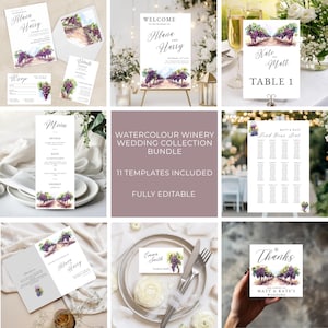 May include: A collection of watercolor winery wedding stationery templates. Includes invitations, RSVP cards, menus, welcome signs, table cards, seating charts, and thank you cards. Features a vineyard illustration with purple grapes.