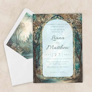 May include: Wedding invitation with a fairytale theme. The invitation features a teal and gold design with the text "Journey Through the Looking Glass" and the names Liana and Matthew. The envelope has a matching watercolor castle scene.