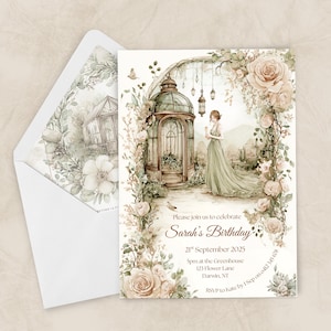 May include: Watercolor invitation with a garden theme. The invitation features a woman in a green dress standing near a greenhouse. The text reads "Please join us to celebrate Sarah's Birthday" with date, time, and location details. An envelope with a floral design is included.