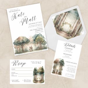 May include: Wedding stationery set featuring a watercolour forest design. Includes an invitation, RSVP card, details card, and envelope. The invitation states "Kate and Matt" and the wedding date. The RSVP card has accept/decline options.