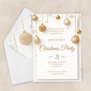 May include: A festive Christmas party invitation and envelope set. The white card features gold text and hanging bauble decorations. The invitation includes the date, time, and location details for the event.