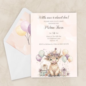 Highland Cow Baby Shower Invitation | Pastel Farm Invite | A Little Moo Baby Girl Party | Instant Download | Editable Printable Template