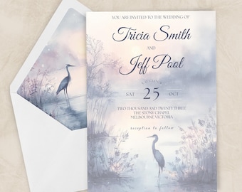Plantilla de invitación de boda con diseño de garza y forro de sobre / Descarga digital / Suite de boda en acuarela / Invitación editable e imprimible con un lago sereno