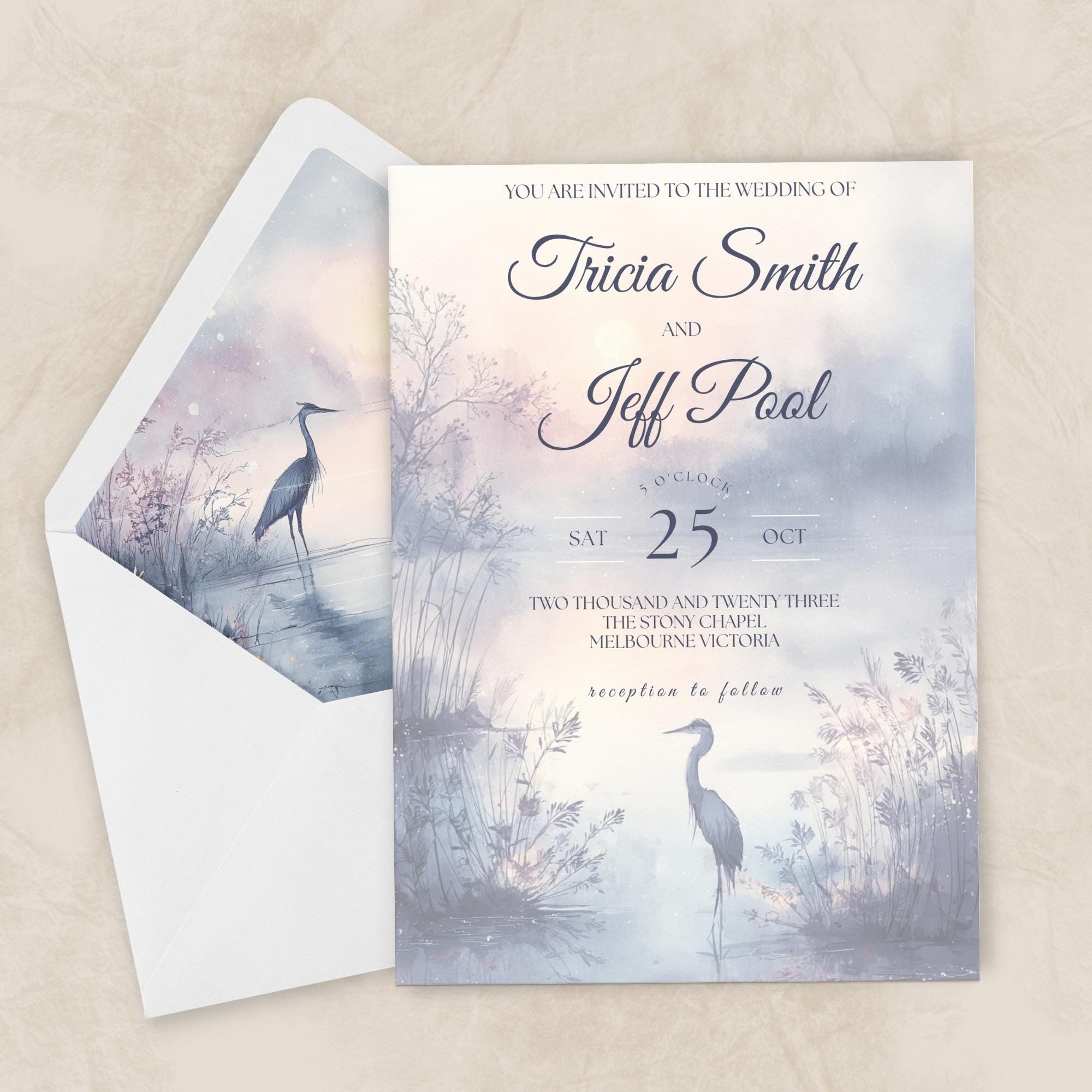 Heron Wedding Invitation Template with Envelope Liner