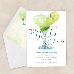 May include: A white invitation card featuring a watercolour margarita illustration. The text reads "Talk Thirty To Me" and includes event details. An envelope with a matching design is also visible.