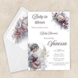 May include: Baby shower invitation with floral watercolour design and the text "Baby in bloom" honouring Vanessa. The invitation includes a watercolour illustration of a pregnant person. The envelope has a matching floral design.