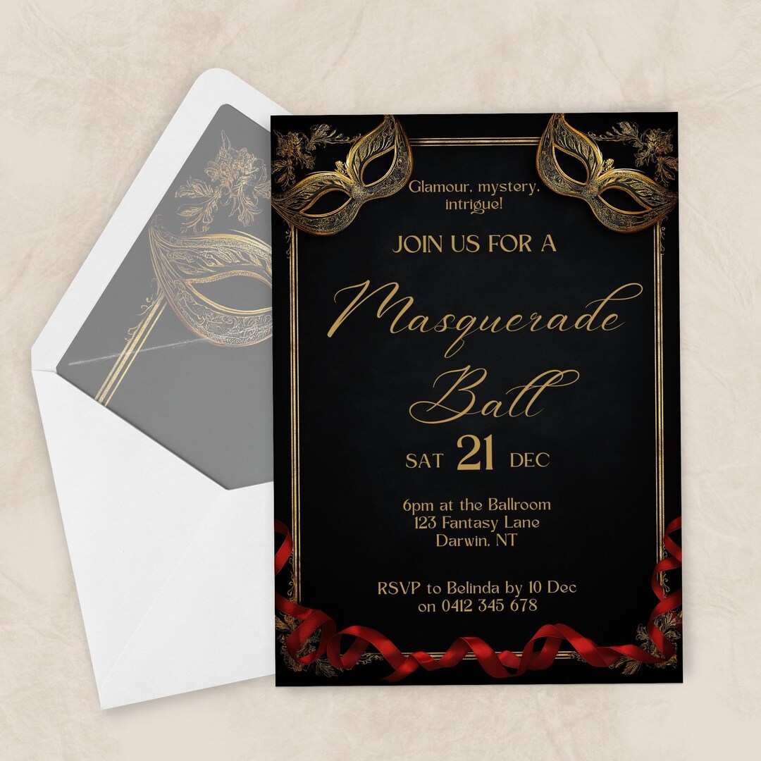 Ball Invite Elegant Masquerade Party Invitation Template | Black Gold Mask Ball ...
