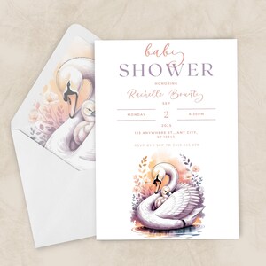 Może przedstawiać: Zaproszenie na baby shower z akwarelową ilustracją łabędzia i jego pisklęcia. Tekst zaproszenia brzmi "babe SHOWER" i zawiera szczegóły baby shower Rachelle Bounty w poniedziałek, 2 września 2025 r. o godzinie 18:30.
