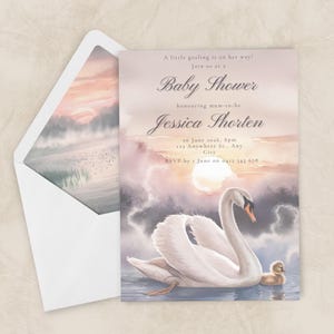 Inbjudningssvit för babyshower för flickor, Svansjön och gässling, elegant solnedgång i akvarell, utskrivbar mall, redigerbar digital nedladdning