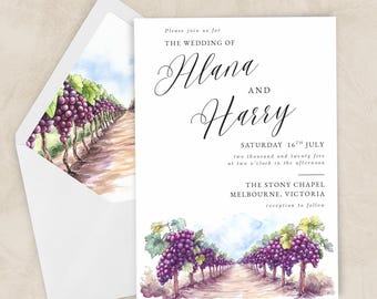 May include: Wedding invitation with a watercolor vineyard design. The invitation features the names "Alana and Harry" and event details. The envelope interior has a matching vineyard scene.