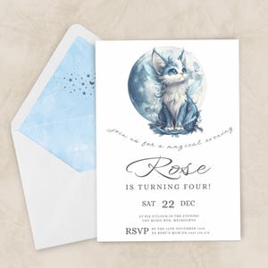 Blue Moon Motte Katze Geburtstagseinladung, Eis weiß wunderliche magische mystische Geschöpf Tier Aquarell bearbeitbare digitale Download Vorlage