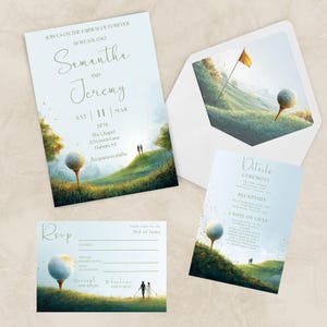 May include: Wedding invitation suite featuring a golf course theme. The invitation includes the names "Samantha and Jeremy", date, time, and location. The suite includes an RSVP card, details card, and envelope, all with golf ball and tee illustrations.