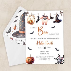 May include: A Halloween baby shower invitation featuring a witch's hat, bats, and a pumpkin. The invitation includes the text "A Little Boo is Almost Due" and details for the event, including the name Helen Smith and the date.