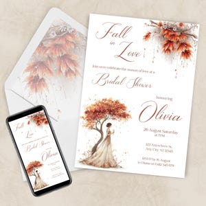 May include: Bridal shower invitation with a watercolor design. The invitation features the text "Fall in Love" and "Bridal Shower", with details for the event. A matching envelope and a smartphone displaying the invitation are also shown.