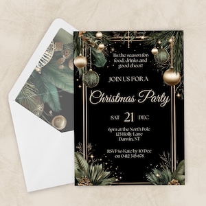 Könnte beinhalten: Eine Weihnachtsparty-Einladung mit schwarzem Hintergrund und goldenen Akzenten. Die Einladung enthält den Text "Tis the season for food, drinks and good cheer!" und "Join us for a Christmas Party". Das Datum ist der 21. Dezember.