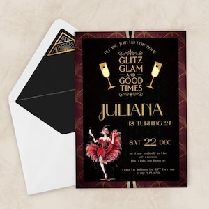 Könnte beinhalten: Schwarze und goldene Art-Deco-Geburtstagseinladung mit dem Text "Glitz Glam and Good Times" und "Juliana wird 21!" Enthält eine Aquarellillustration einer Frau in einem roten Kleid und einen weißen Umschlag.