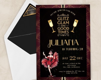 Red Art Deco 1920s Birthday Invitation | Roaring 20s Gatsby Party Invite | Glitz & Glam 21st Birthday Printable | Editable Digital Download