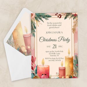 Könnte beinhalten: Weihnachtsparty-Einladung mit Aquarellkerzen in Rosa- und Goldtönen. Die Einladung enthält den Text "Tis the season for food, drinks and good cheer!" und Party-Details.