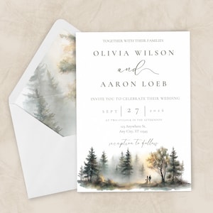 May include: Wedding invitation featuring the names Olivia Wilson and Aaron Loeb, with a forest scene illustration. The invitation includes the date September 27, 2026, and the text "reception to follow."