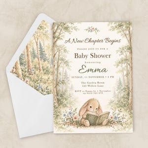 Invito per baby shower "Un nuovo capitolo inizia" / Invito a tema bosco incantato / Festa per bambina/bambino / Modello stampabile e modificabile