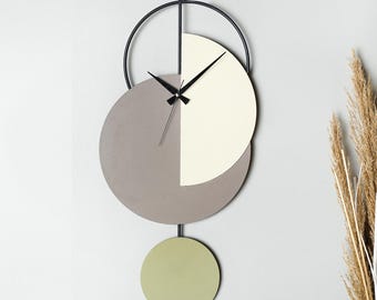 Handmade Metal Wall Clock: Modern Geometric Design, Green Gray Cream (68x31 cm)