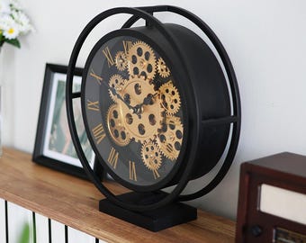 Industrial Gear Table Clock: Black Metal Steampunk Desk Decor