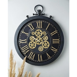 Muyika Premium Black Wall Clock | 55cm Steampunk Silent Metal Clock with Moving Gears | Vintage Roman Numerals Decor | Premium Gift Idea