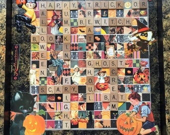 Collage de tablero de juego de azulejos de la palabra de Halloween