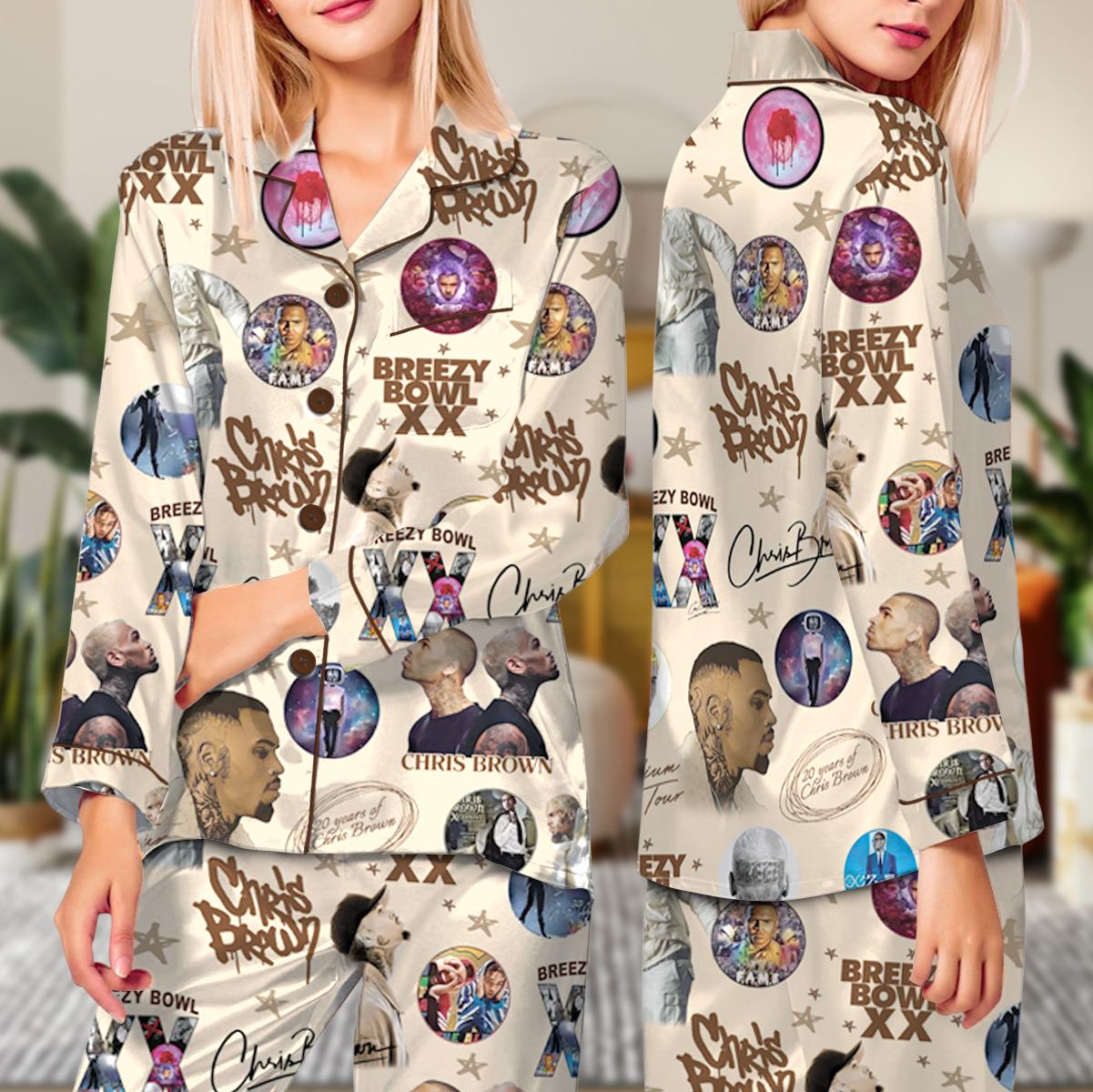 Discover Chris Brown Pajamas Set Breezy Bowl XX Tour Long Sleeve Sleepwear - Chris Brown Merch Concert Outfit Fan Gift