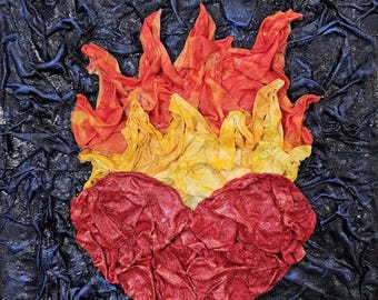 Flaming Heart , original fiber art mixed media painting