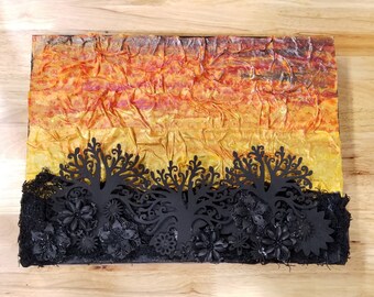 Sunrise Over Fort Collins fabric mixed media original painting