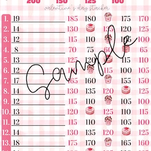 May include: A pink and white Valentine's Day themed game board with a grid of numbers and illustrations of cupcakes and gifts. The text "valentine's day stacker" is written in cursive. The board is designed for a game.