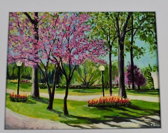 Springtime At The Park, Heckscher Park Huntington, Print Of Oil Painting, 11 x 14 Matted, Ready To Be Framed