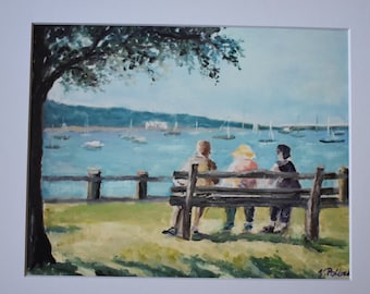 Print Of Oil Painting Three Ladies on a Bench by the Harbor with 11 x 14 inch Mat