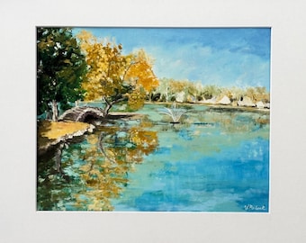 Print Of Oil Painting Heckscher Park Pond Sunny Day Comes with a Mat 11 x 14 inch