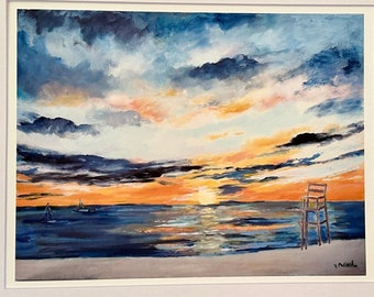 Print of Oil Painting "Sundown at the Beach " With Mat and Mat Board 11 x 14 Inches