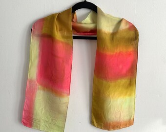 Hand Painted Silk Opulent Prism Scarf in Gold, light Green, Salmon