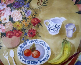Print of Table Set For One Silk Painting With Mat to Fit  11 x 14 in Frame Opening