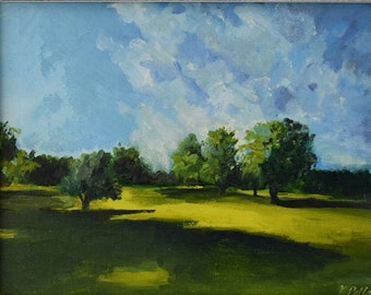 Village Green Original Oil Painting on Linen Canvas Board, 9 x 12  Framed or Unframed
