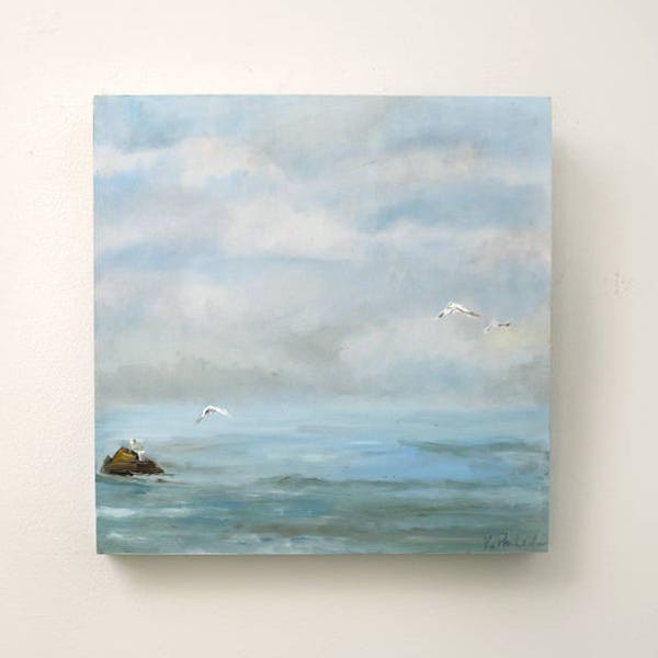 Original Oil Painting Water Scene, Beach, Seagulls, Landscape, On Wood Panel Board