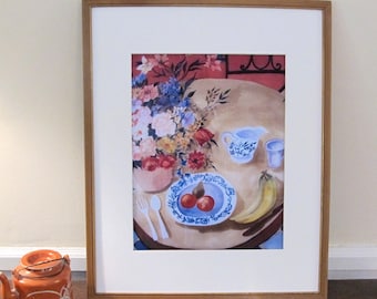 Large Print of Silk Painting "Table Set For One " In a 16 x 20 In Mat , Ready to Be Framed , Tea, Still LIfe