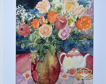 Peinture sur soie originale Thé et fleurs, convient à un cadre standard de 40 x 61 cm, livrée avec un passe-partout, prête à être encadrée