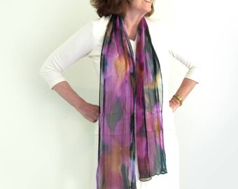 Crinkle Silk Chiffon Silk Scarf , Hand -Painted , Magenta , Golden Bronze, Dark Jade Green, Floral Desin