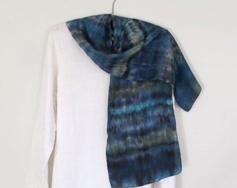 100 %Silk Scarf Hand dyed, Blues, Navy,  Forest Green , With Hints of Turquoise and Lavender, Shibori