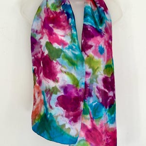 Pretty Floral Silk Scarf Hand-Painted Rosy-Pinks, Purple Jade, Blues and Green