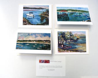 4 Art Cards Of Paintings Of Long Island, Blank Cards, 5x7 , Gold Foil Lined Envelopes