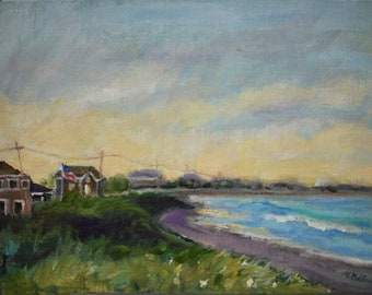 Block Island Original Oil Painting, "The Tide Coming" 12 x 9 inch Landscape, Crecent Beach,  On Canvas Board, Sold With or Without Frame