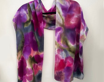 Crepe De Chine Hand-Painted Silk Scarf 13 x 68 Inches Multicolored Fuchsia Floral Long Scarf