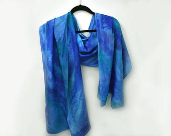 Silk Scarf/ Shawl, Hand-Painted Wide In Gorgeous Blues
