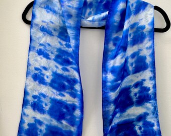 Blue and White Hand-Painted Silk Scarf Ascent Piece